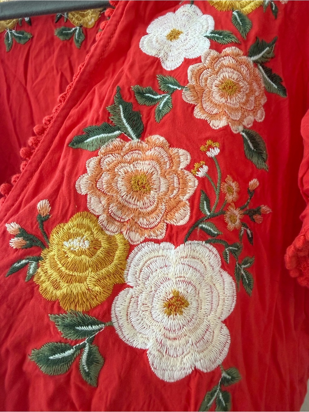 Floral Embroidered Red Maxi Duster Summer Kimono w/ Tie Front Size Lg Forever 21 - Picture 3 of 12
